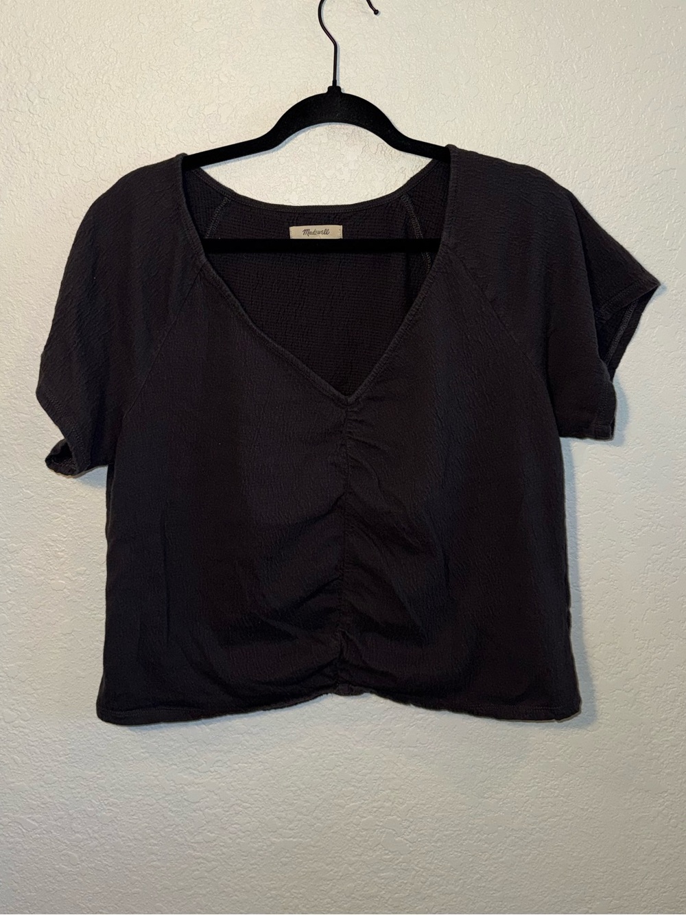 Madewell Gray Cotton V-Neck Ruched Scrunched Boxy Crop Top Casual Size M - Picture 2 of 5